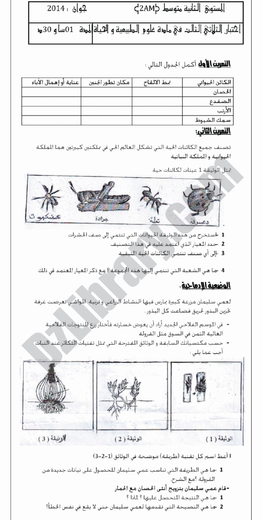 اختبار في العلوم الطبيعية الفصل الثالث السنة الثانية متوسط رقم 2 مع التصحيح