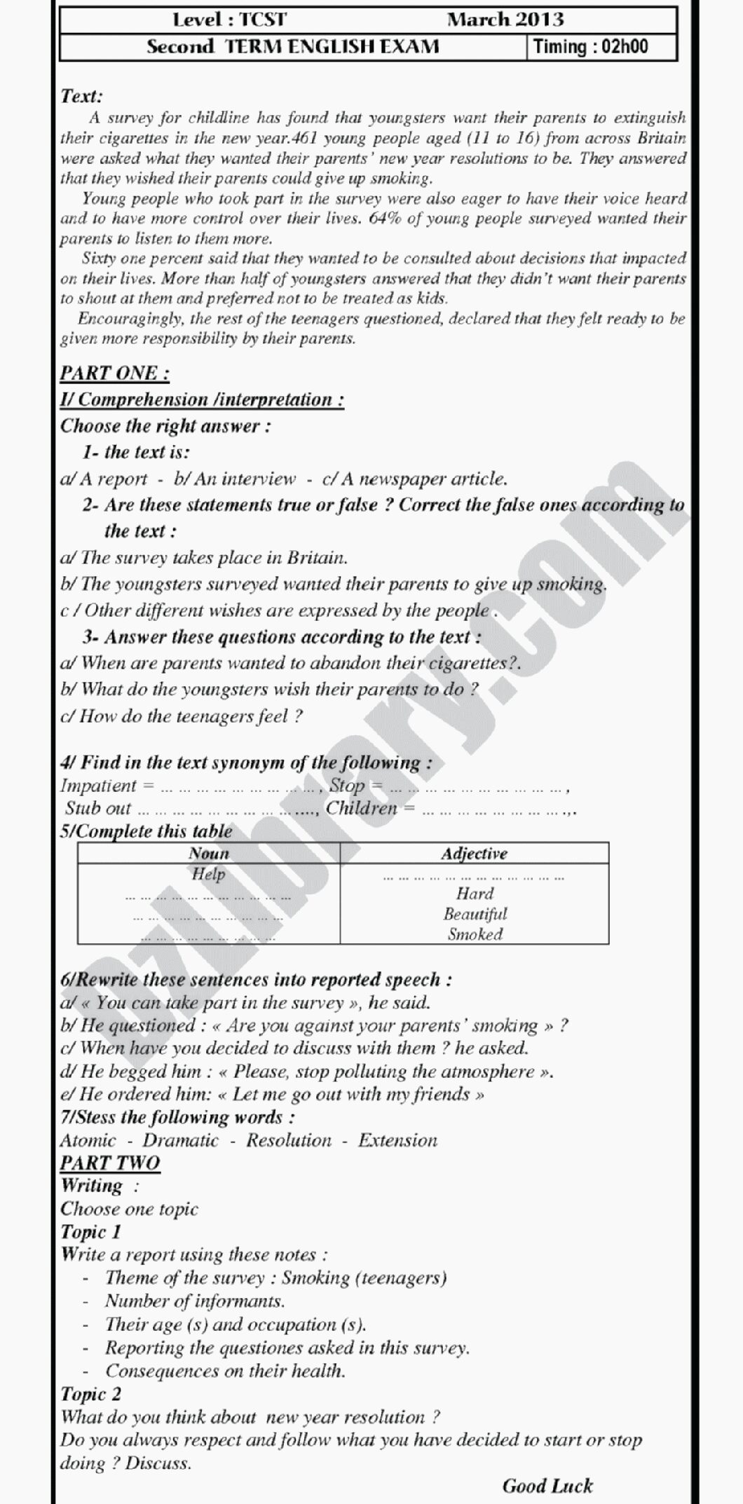 اختبار في اللغة الإنجليزية الفصل الثاني السنة الأولى ثانوي ج م ع رقم 2 مع التصحيح