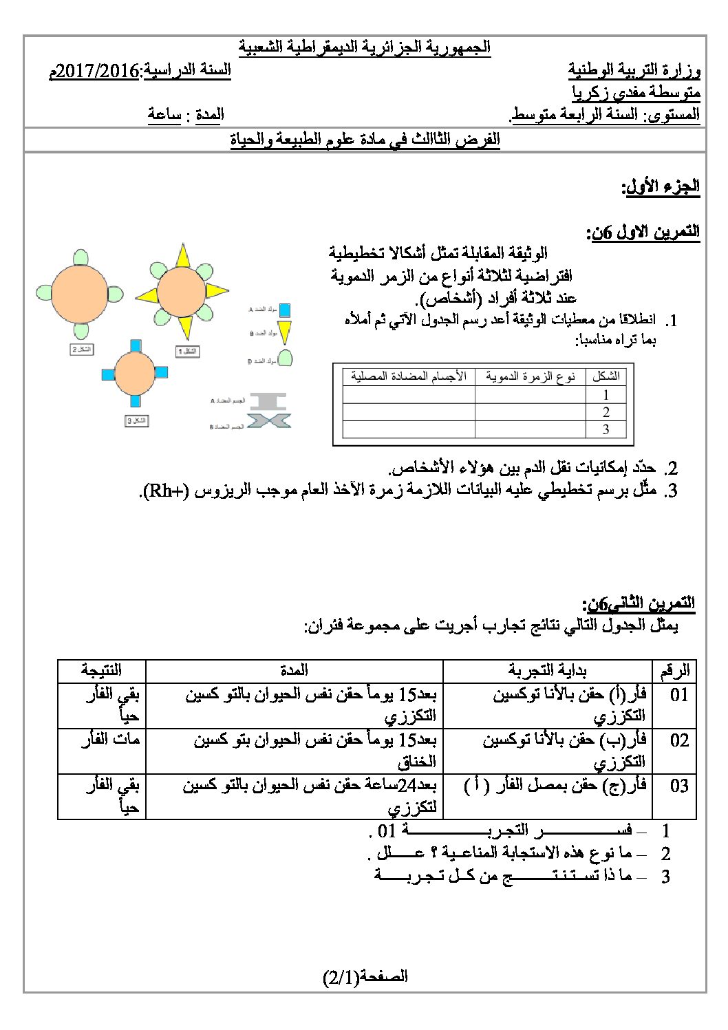 فرض في العلوم الطبيعية الفصل الثالث السنة الرابعة متوسط رقم 2