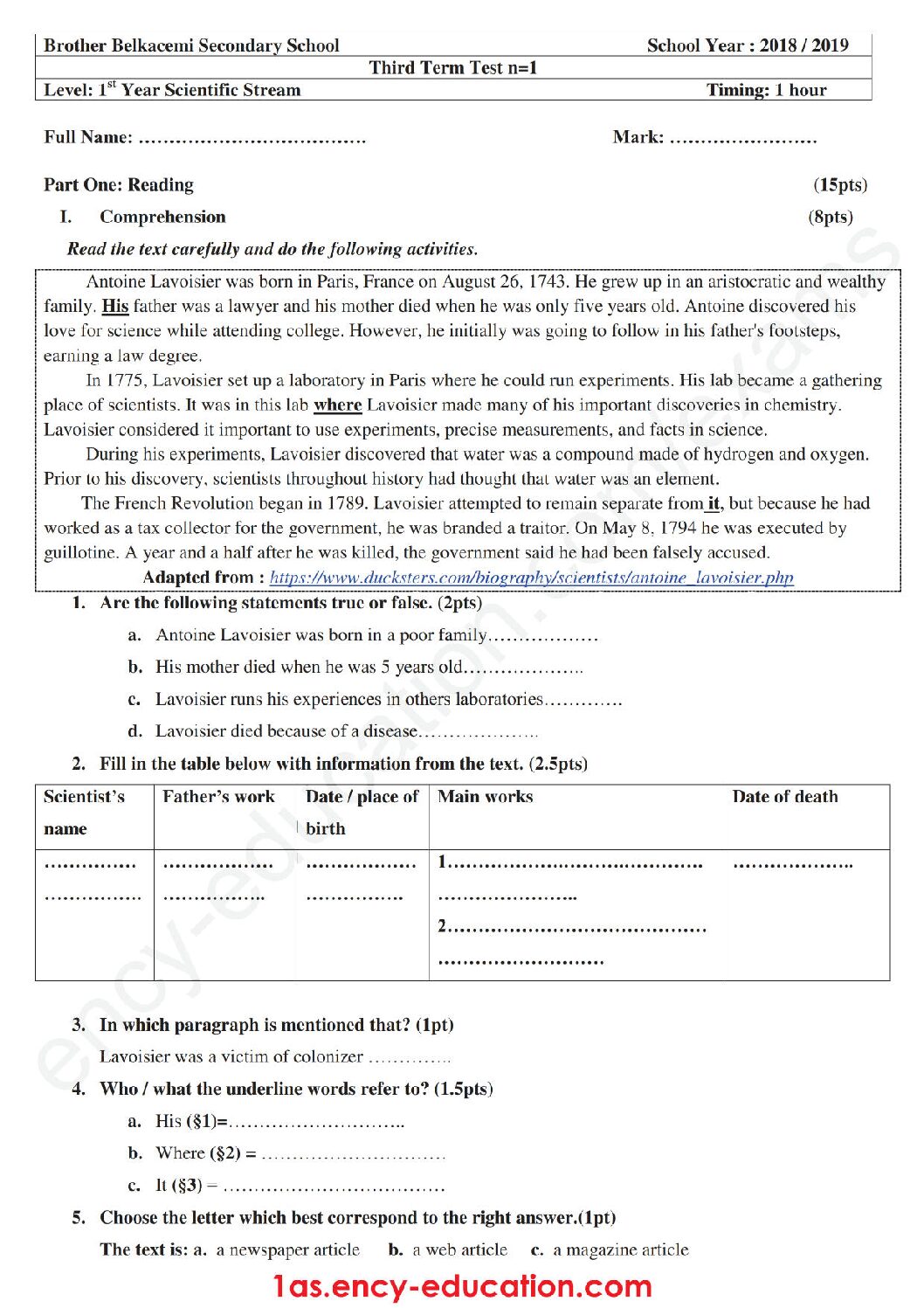 فرض في اللغة الإنجليزية الفصل الثالث السنة الأولى ثانوي ج م ع رقم 2