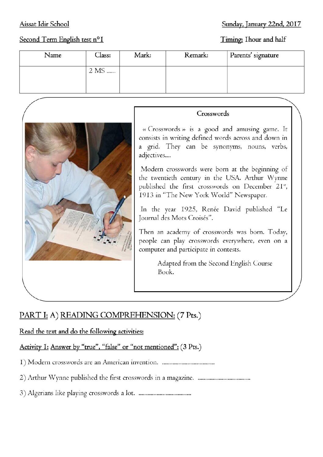 فرض في اللغة الإنجليزية الفصل الثاني السنة الثانية متوسط رقم 2