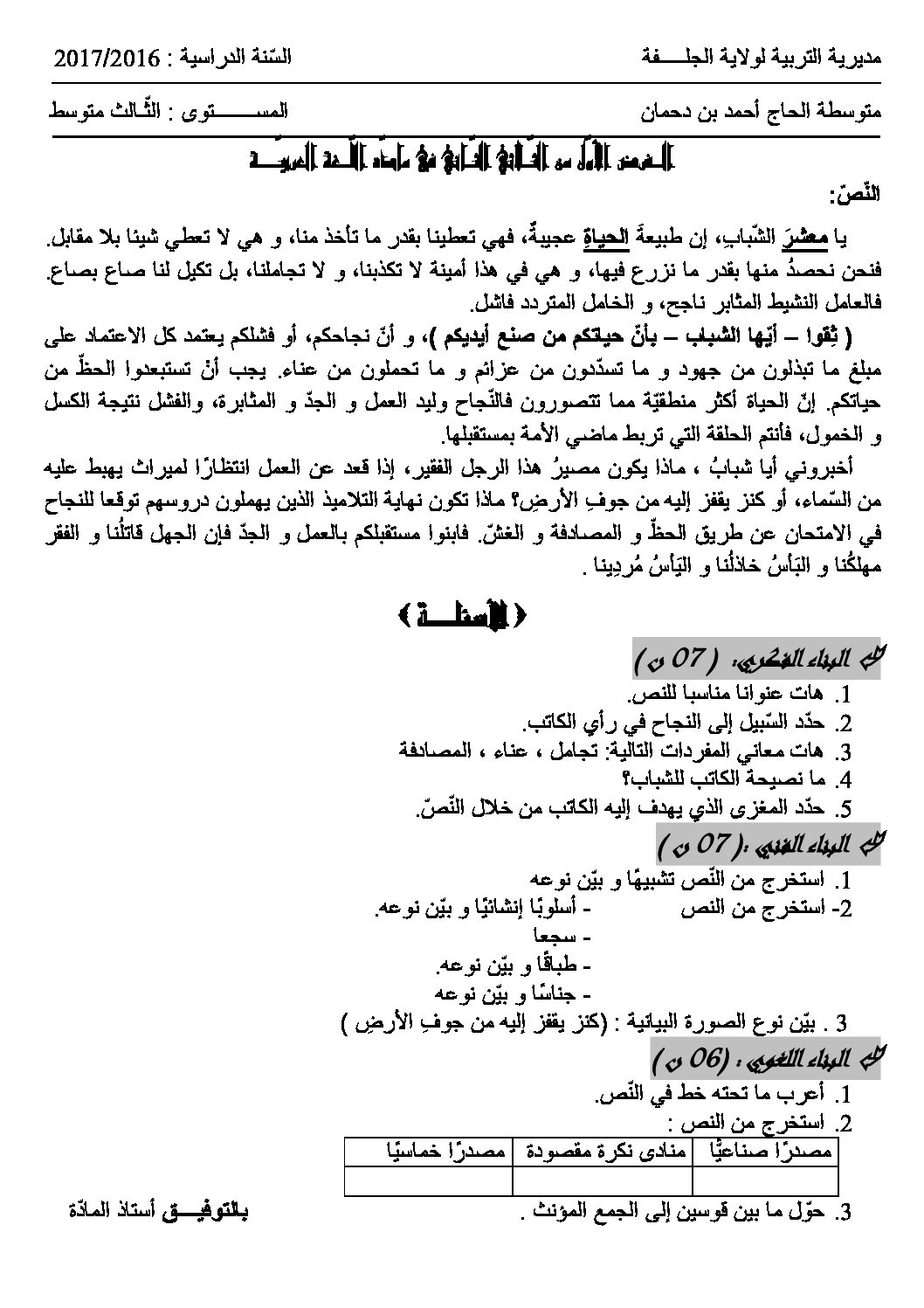 فرض في اللغة العربية الفصل الثاني السنة الثالثة متوسط رقم 2