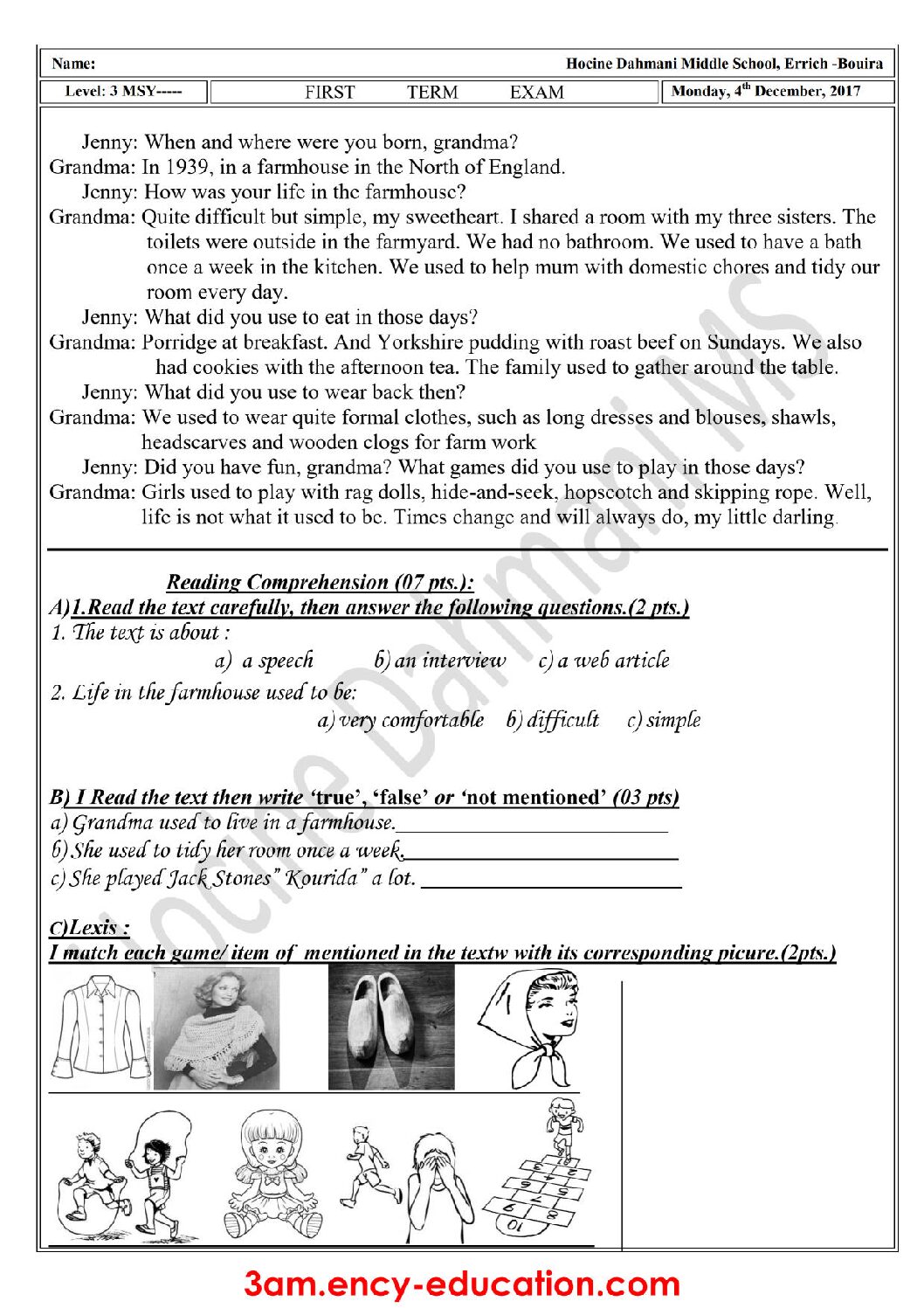 اختبار في اللغة الإنجليزية الفصل الأول السنة الثالثة متوسط رقم 20
