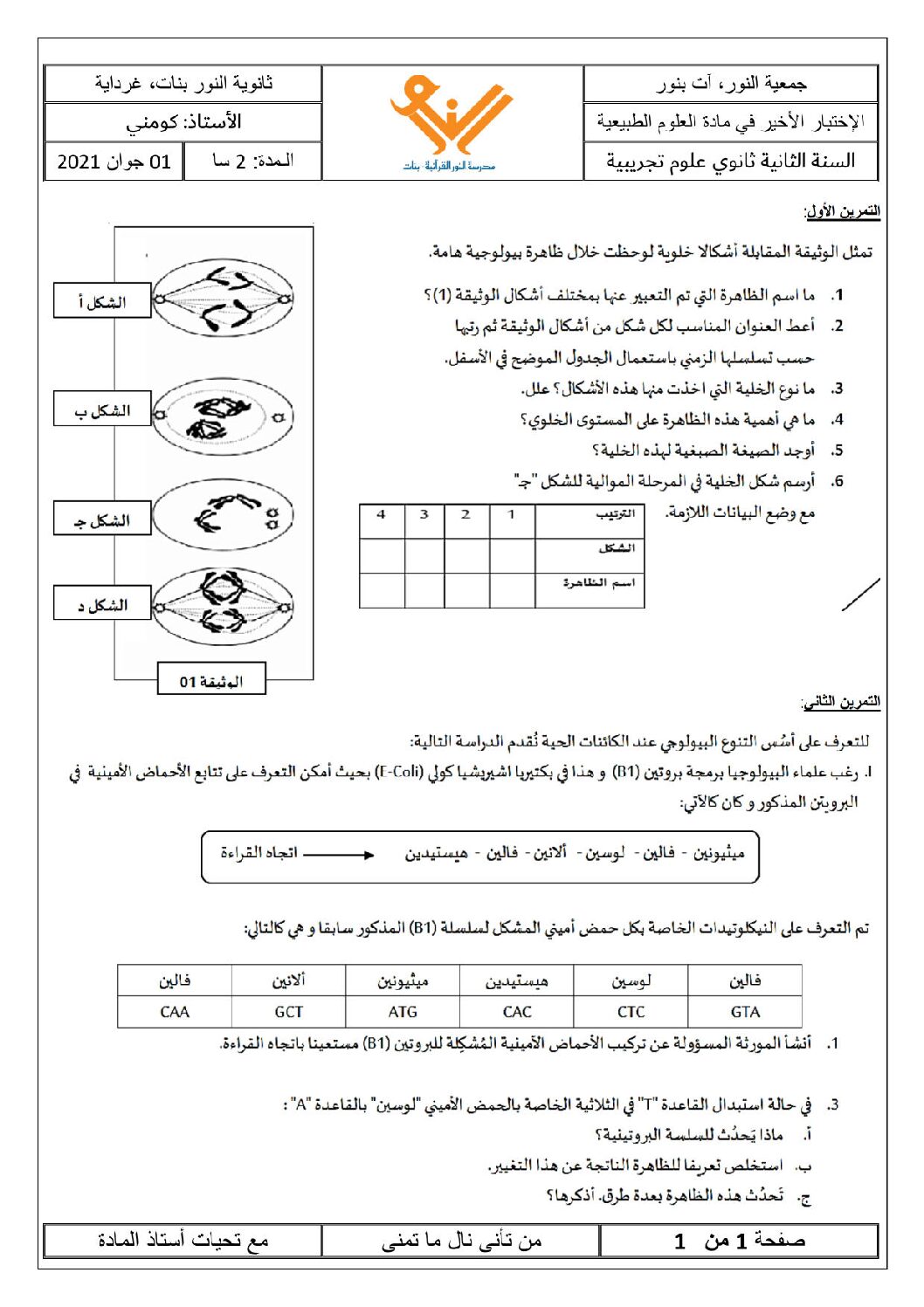 اختبار في العلوم الطبيعية الفصل الثالث السنة الثانية ثانوي علوم تجريبية رقم 20