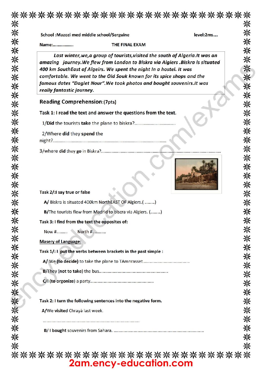 اختبار في اللغة الإنجليزية الفصل الثالث السنة الثانية متوسط رقم 20