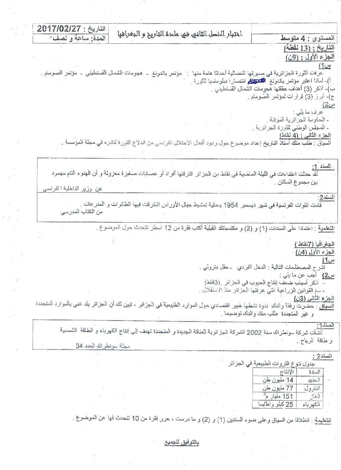 اختبار في التاريخ والجغرافيا الفصل الثاني السنة الرابعة متوسط رقم 20