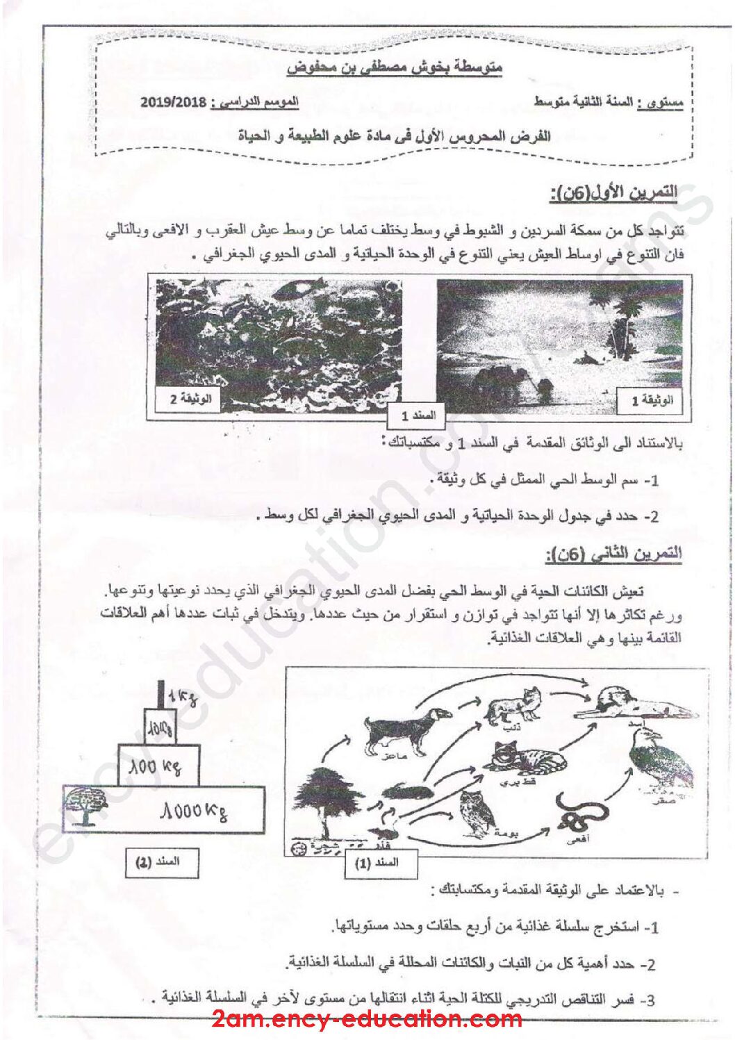 فرض في العلوم الطبيعية الفصل الأول السنة الثانية متوسط رقم 20