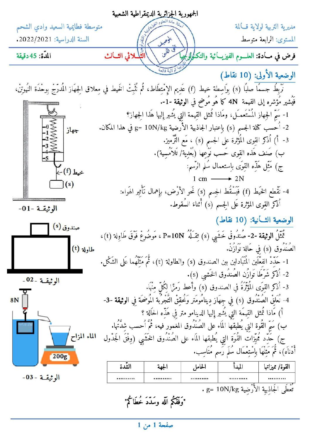 فرض في العلوم الفيزيائية الفصل الثالث السنة الرابعة متوسط رقم 20