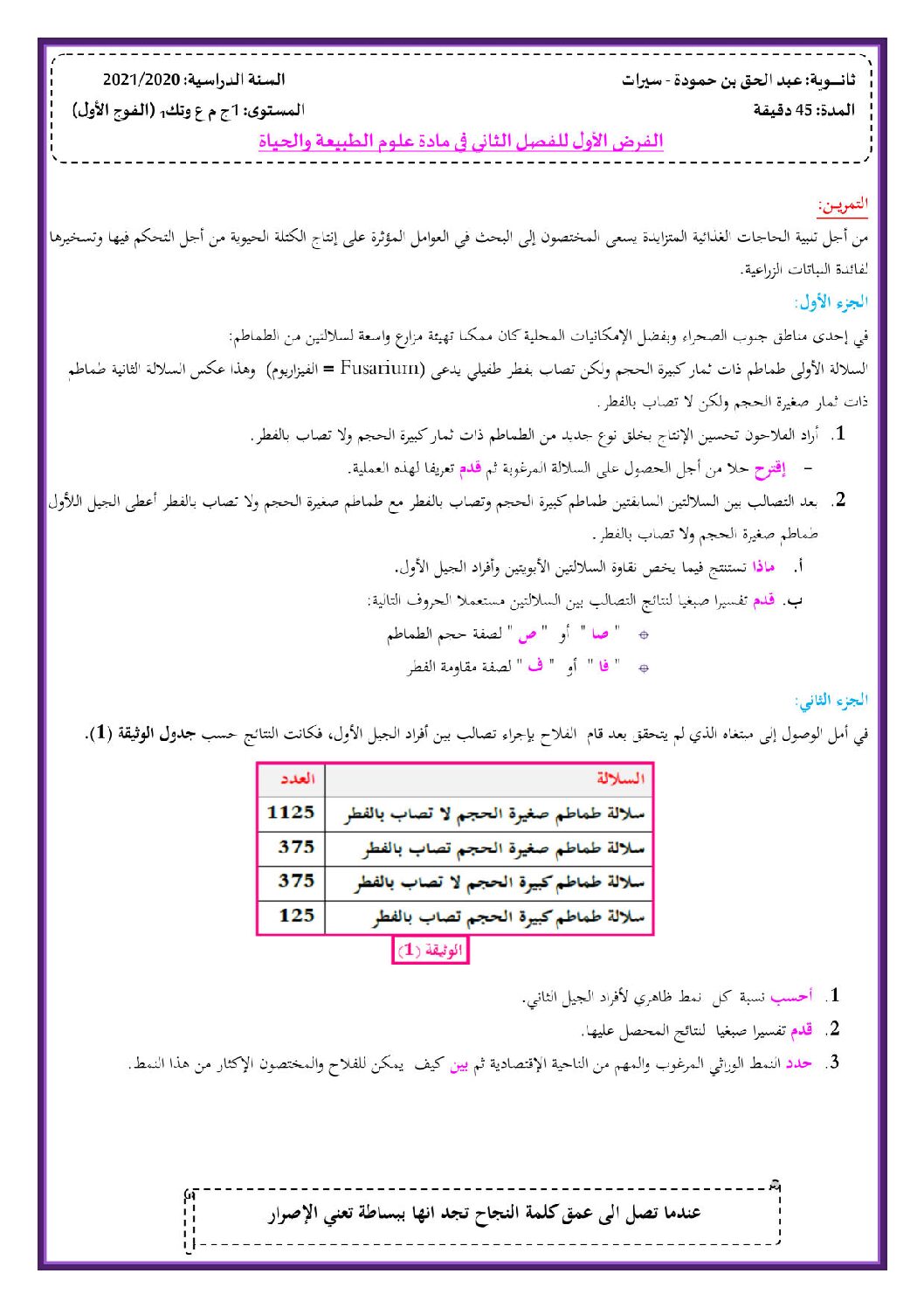 فرض في العلوم الطبيعية الفصل الثاني السنة الأولى ثانوي رقم 20 مع التصحيح