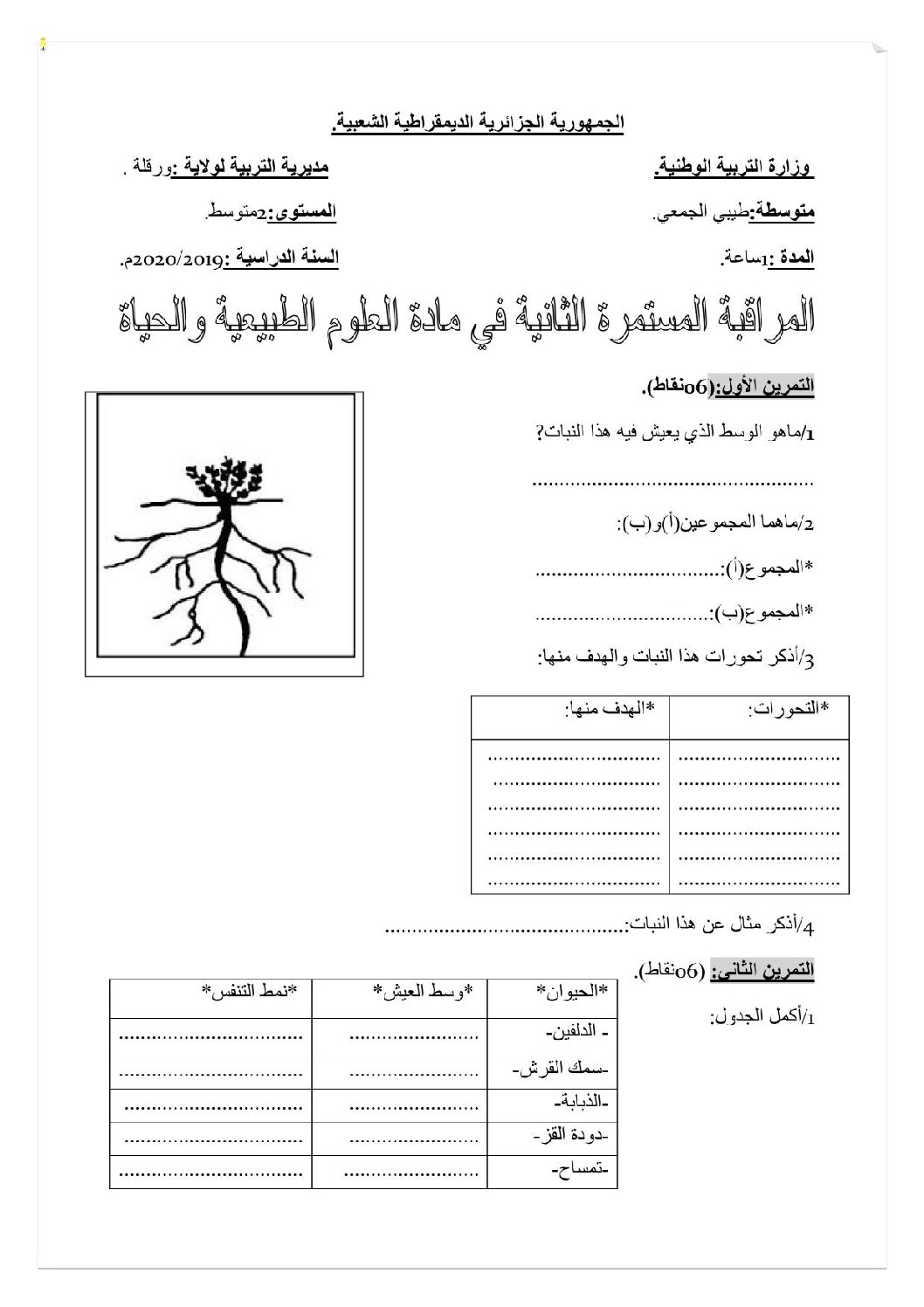 فرض في العلوم الطبيعية الفصل الثاني السنة الثانية متوسط رقم 20