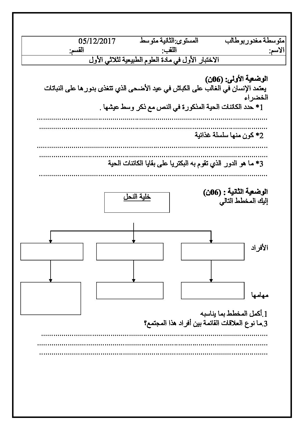 اختبار في العلوم الطبيعية الفصل الأول السنة الثانية متوسط رقم 21