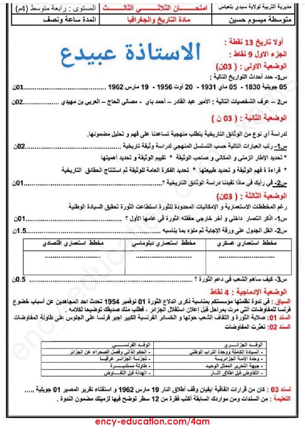 اختبار في التاريخ والجغرافيا الفصل الثالث السنة الرابعة متوسط رقم 21 مع التصحيح