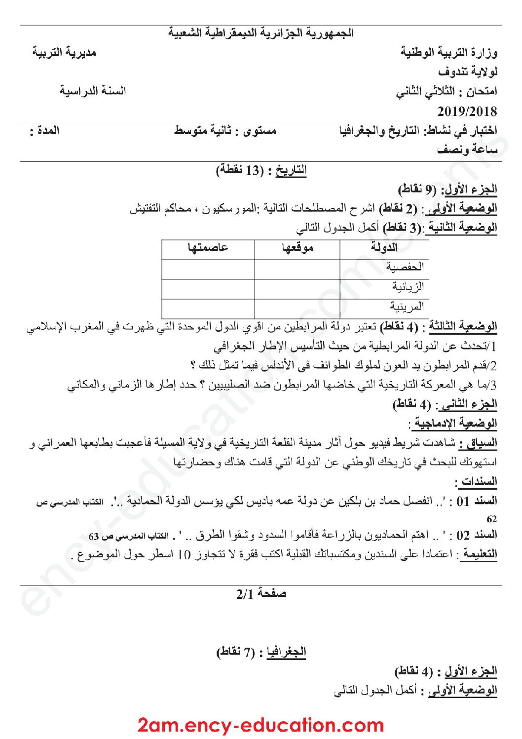 اختبار في التاريخ والجغرافيا الفصل الثاني السنة الثانية متوسط رقم 21 مع التصحيح