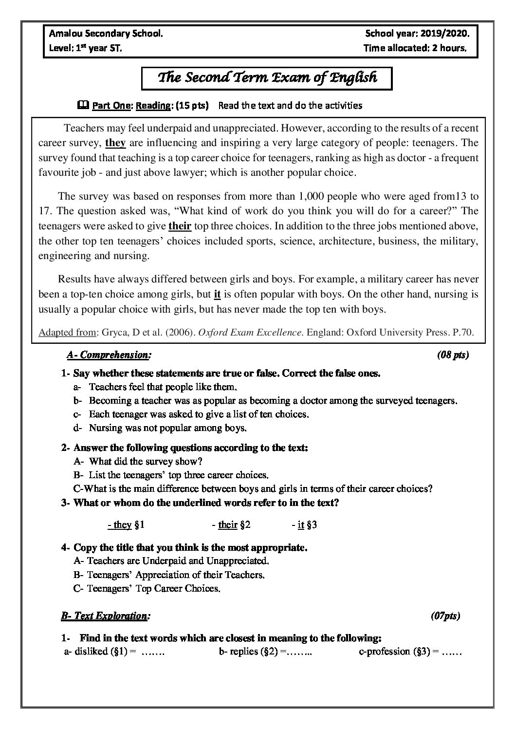 اختبار في اللغة الإنجليزية الفصل الثاني السنة الأولى ثانوي ج م ع رقم 21
