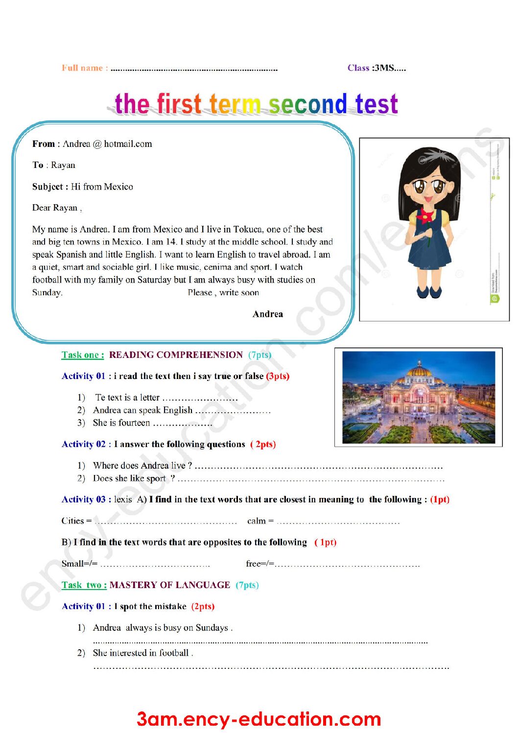 فرض في اللغة الإنجليزية الفصل الأول السنة الثالثة متوسط رقم 21