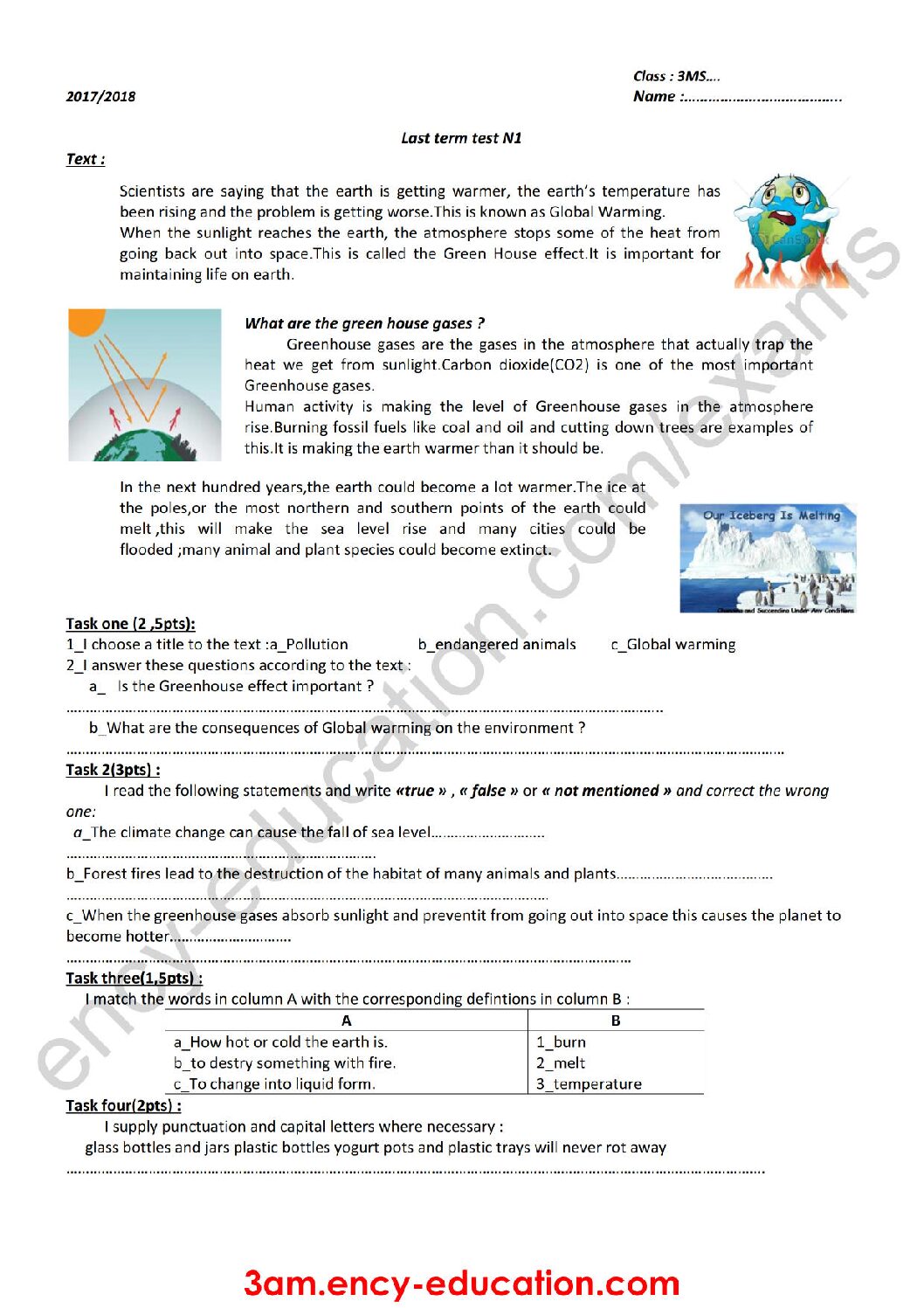 فرض في اللغة الإنجليزية الفصل الثالث السنة الثالثة متوسط رقم 21