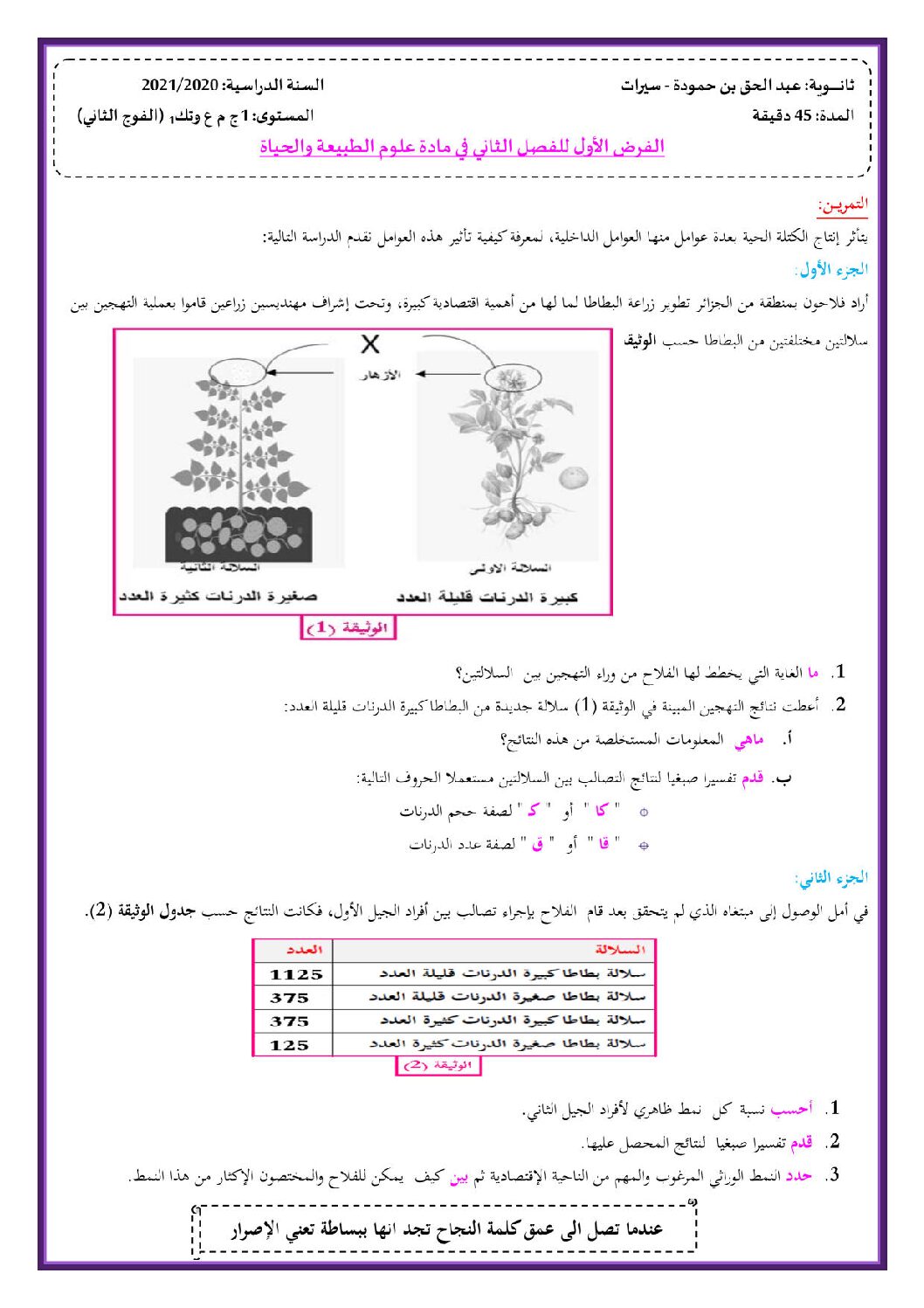 فرض في العلوم الطبيعية الفصل الثاني السنة الأولى ثانوي رقم 21 مع التصحيح