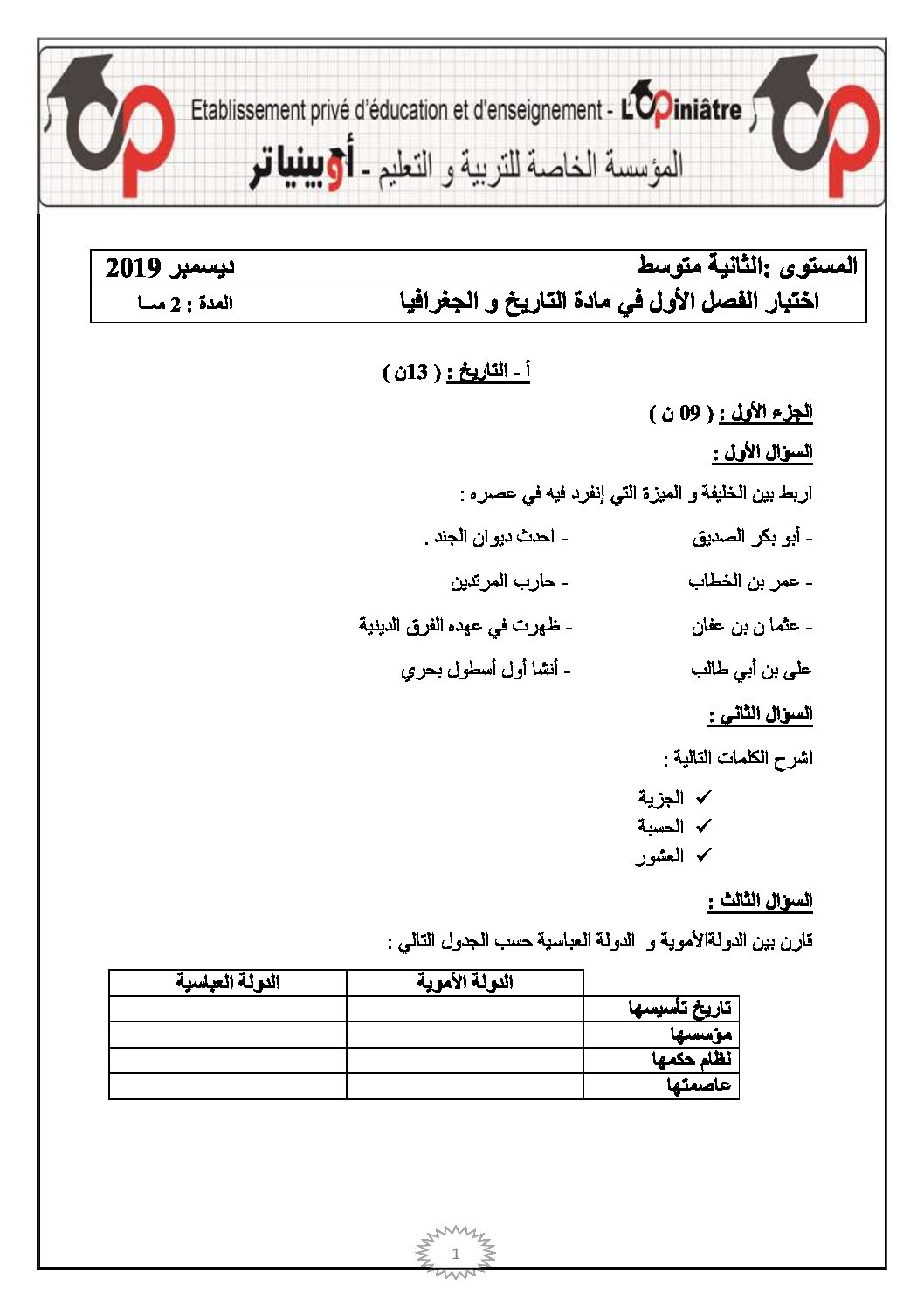 اختبار في التاريخ والجغرافيا الفصل الأول السنة الثانية متوسط رقم 22 مع التصحيح