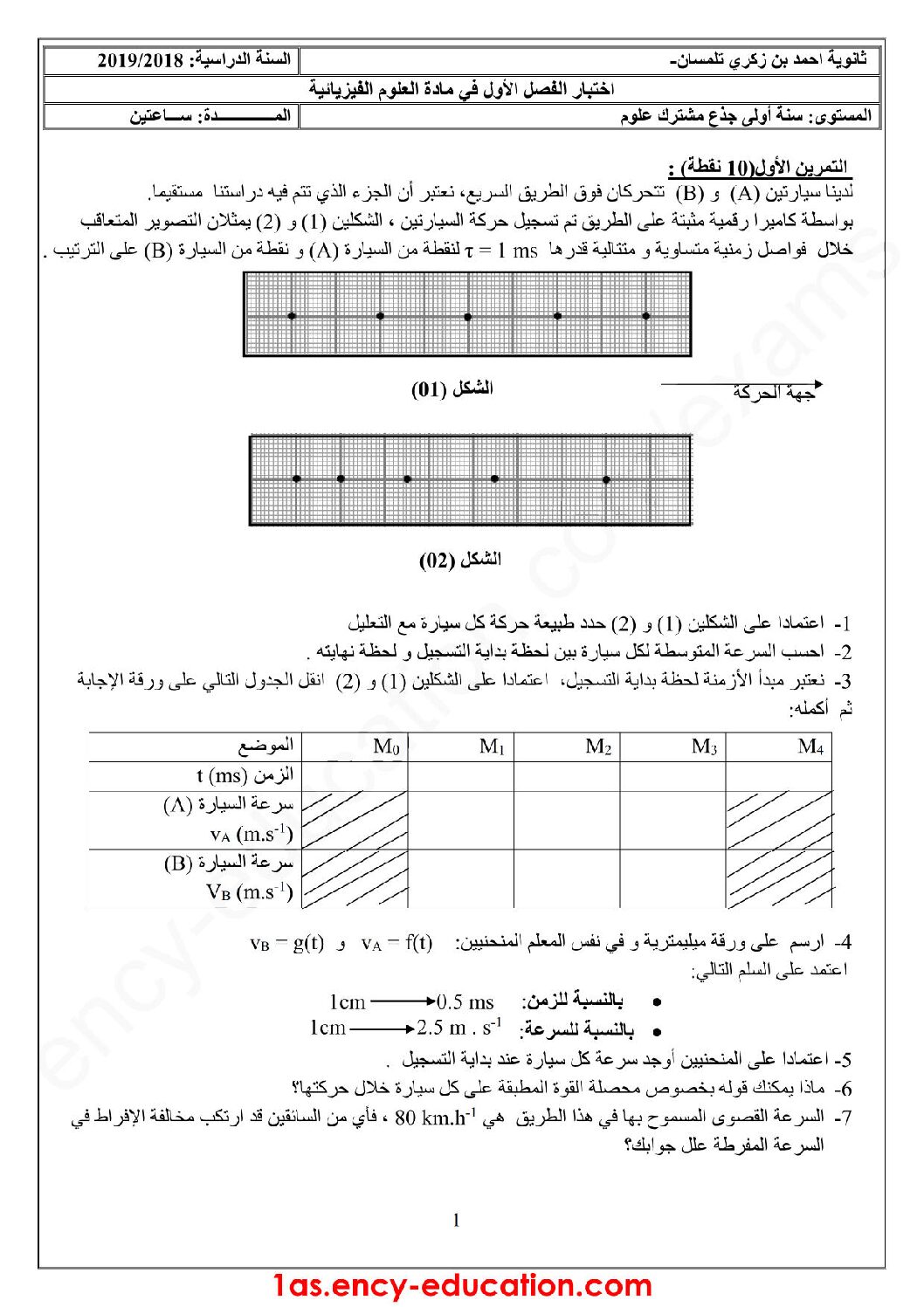 اختبار في العلوم الفيزيائية الفصل الأول السنة الأولى ثانوي رقم 22