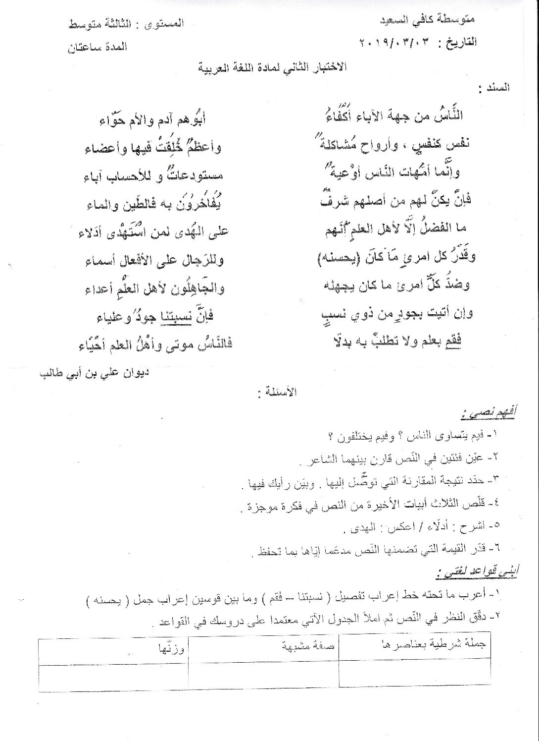 اختبار في اللغة العربية الفصل الثالث السنة الثالثة متوسط رقم 22