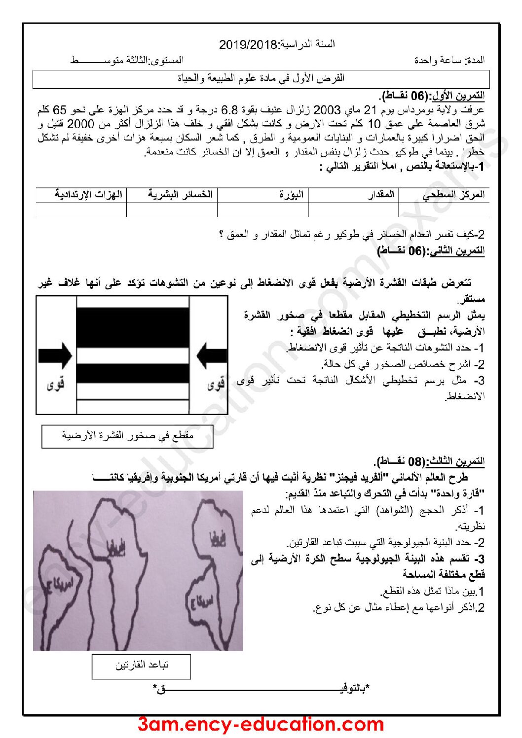 فرض في العلوم الطبيعية الفصل الأول السنة الثالثة متوسط رقم 22