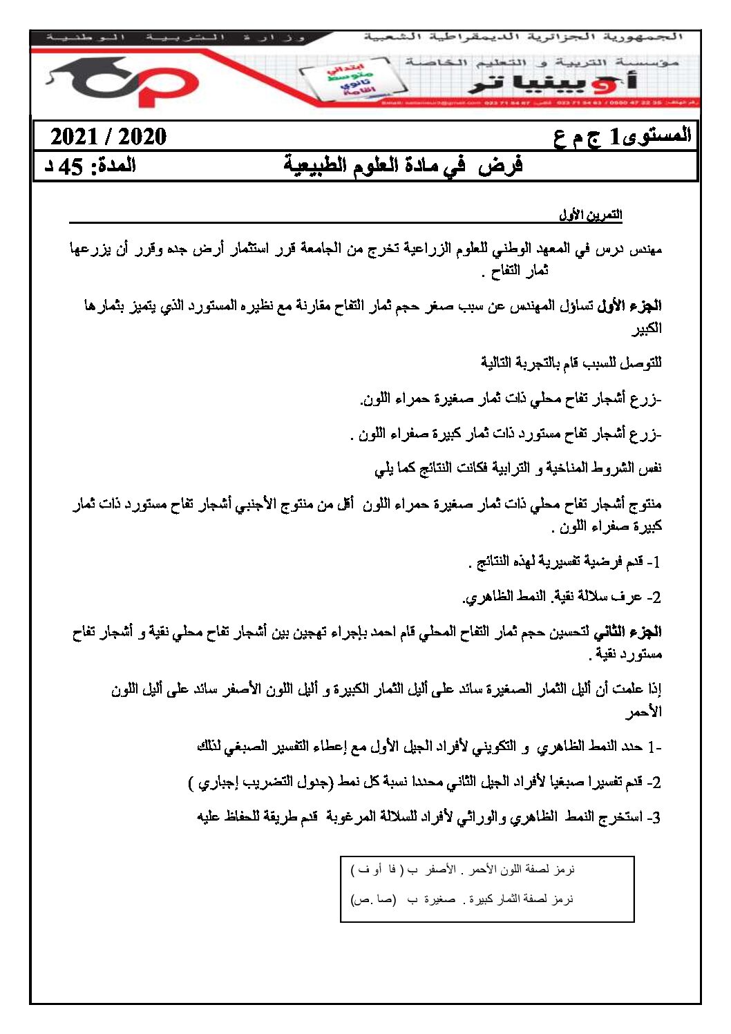 فرض في العلوم الطبيعية الفصل الثاني السنة الأولى ثانوي رقم 22