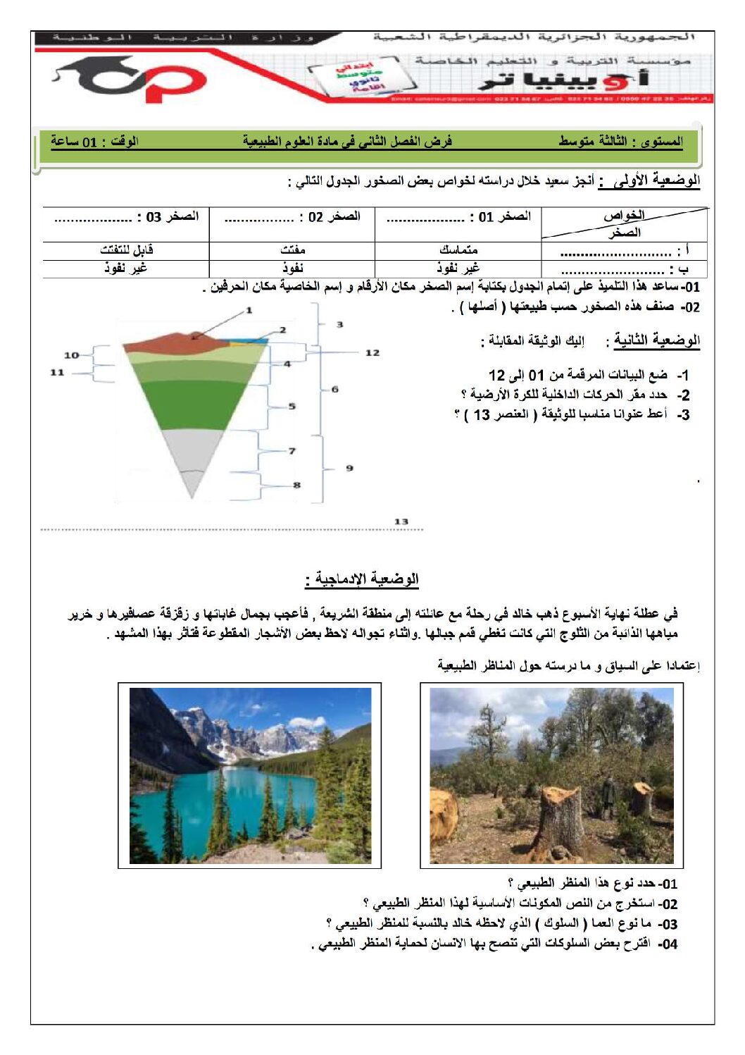 فرض في العلوم الطبيعية الفصل الثاني السنة الثالثة متوسط رقم 22 مع التصحيح