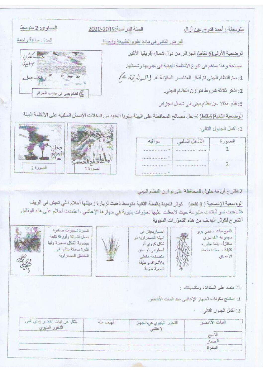 فرض في العلوم الطبيعية الفصل الثاني السنة الثانية متوسط رقم 22