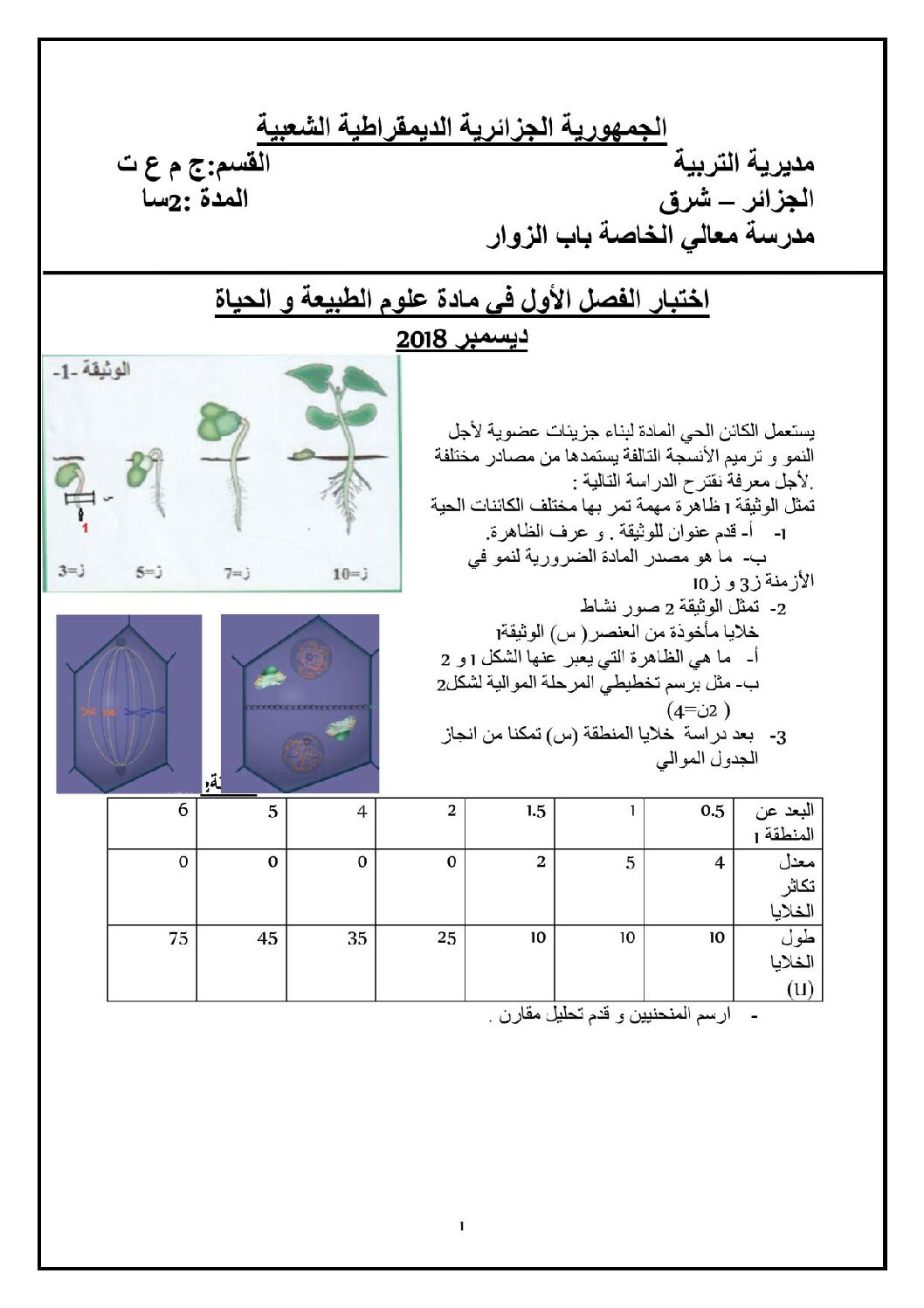 اختبار في العلوم الطبيعية الفصل الأول السنة الأولى ثانوي رقم 23