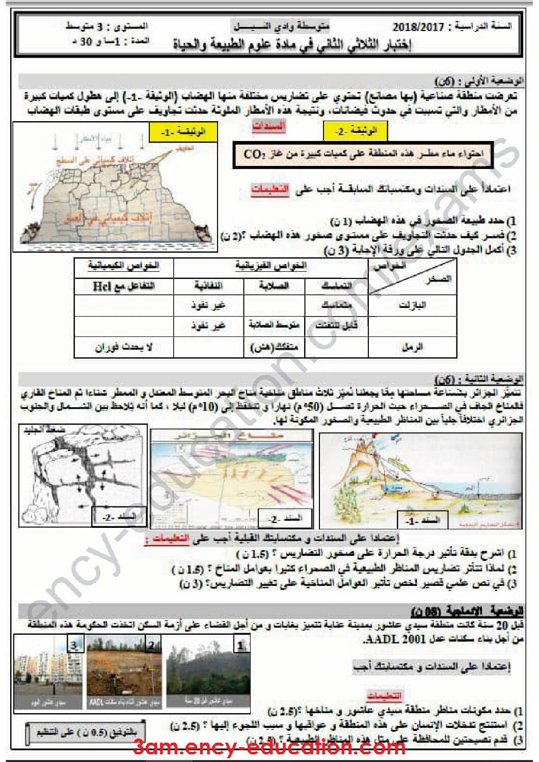 اختبار في العلوم الطبيعية الفصل الثاني السنة الثالثة متوسط رقم 23 مع التصحيح