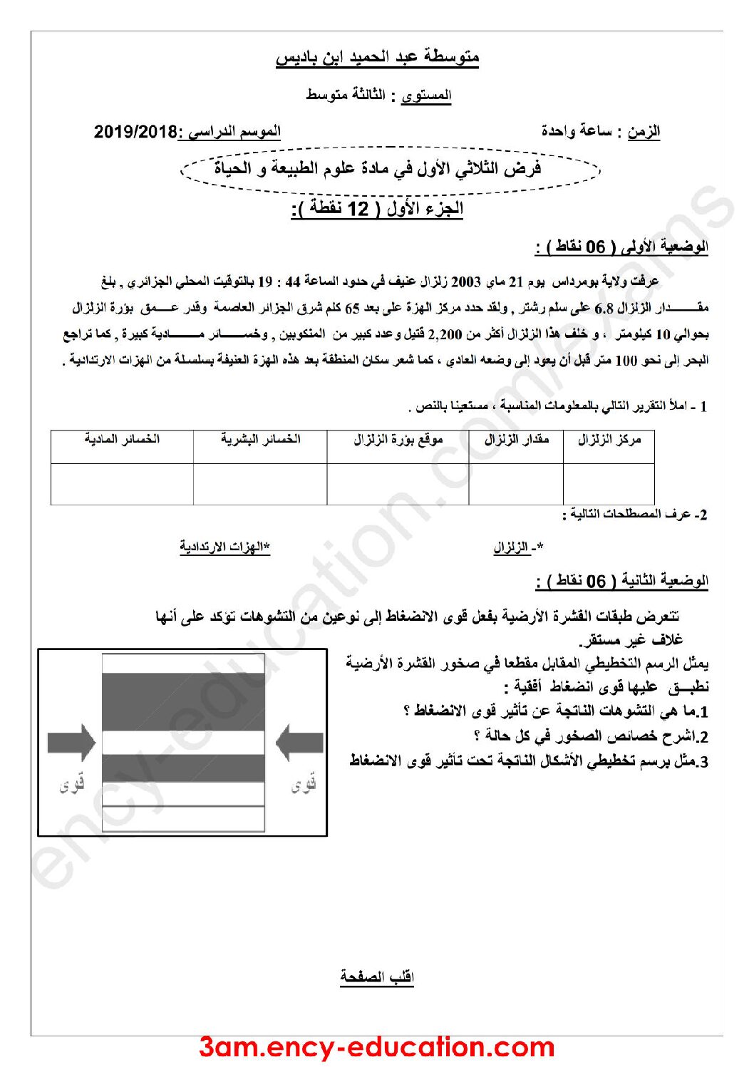 فرض في العلوم الطبيعية الفصل الأول السنة الثالثة متوسط رقم 23