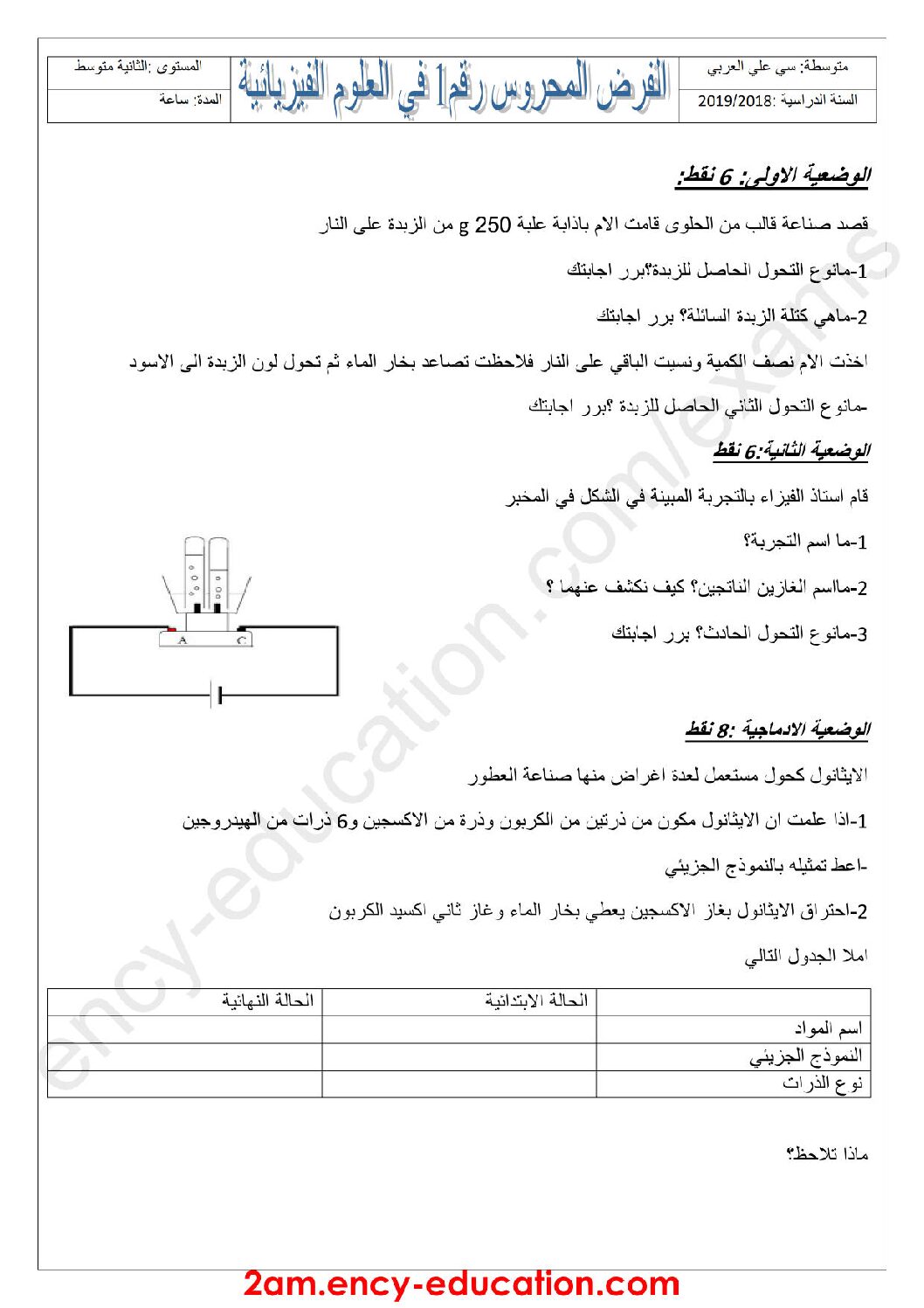 فرض في العلوم الفيزيائية الفصل الأول السنة الثانية متوسط رقم 23