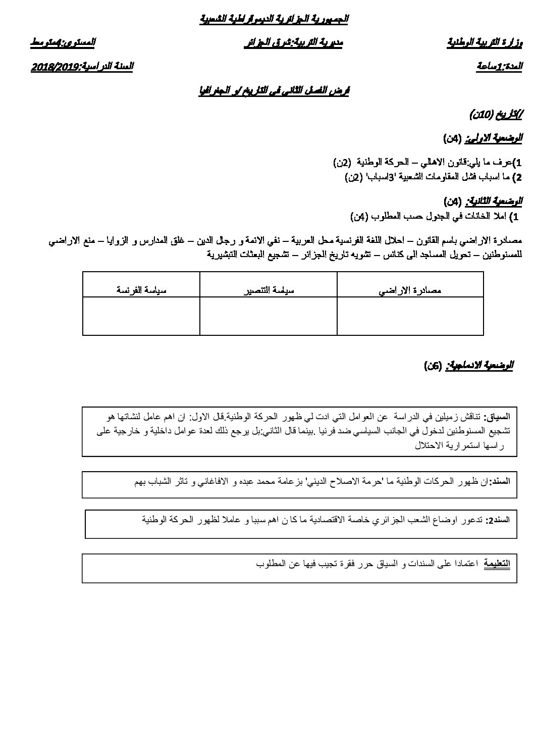 فرض في التاريخ والجغرافيا الفصل الثاني السنة الرابعة متوسط رقم 23