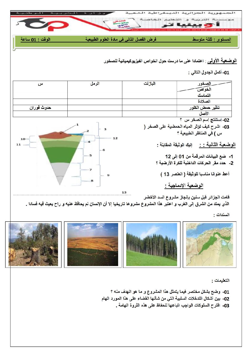 فرض في العلوم الطبيعية الفصل الثاني السنة الثالثة متوسط رقم 23 مع التصحيح