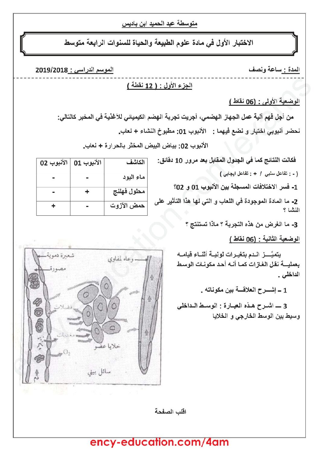 اختبار  في العلوم الطبيعية الفصل الأول السنة الرابعة متوسط رقم 24 مع التصحيح