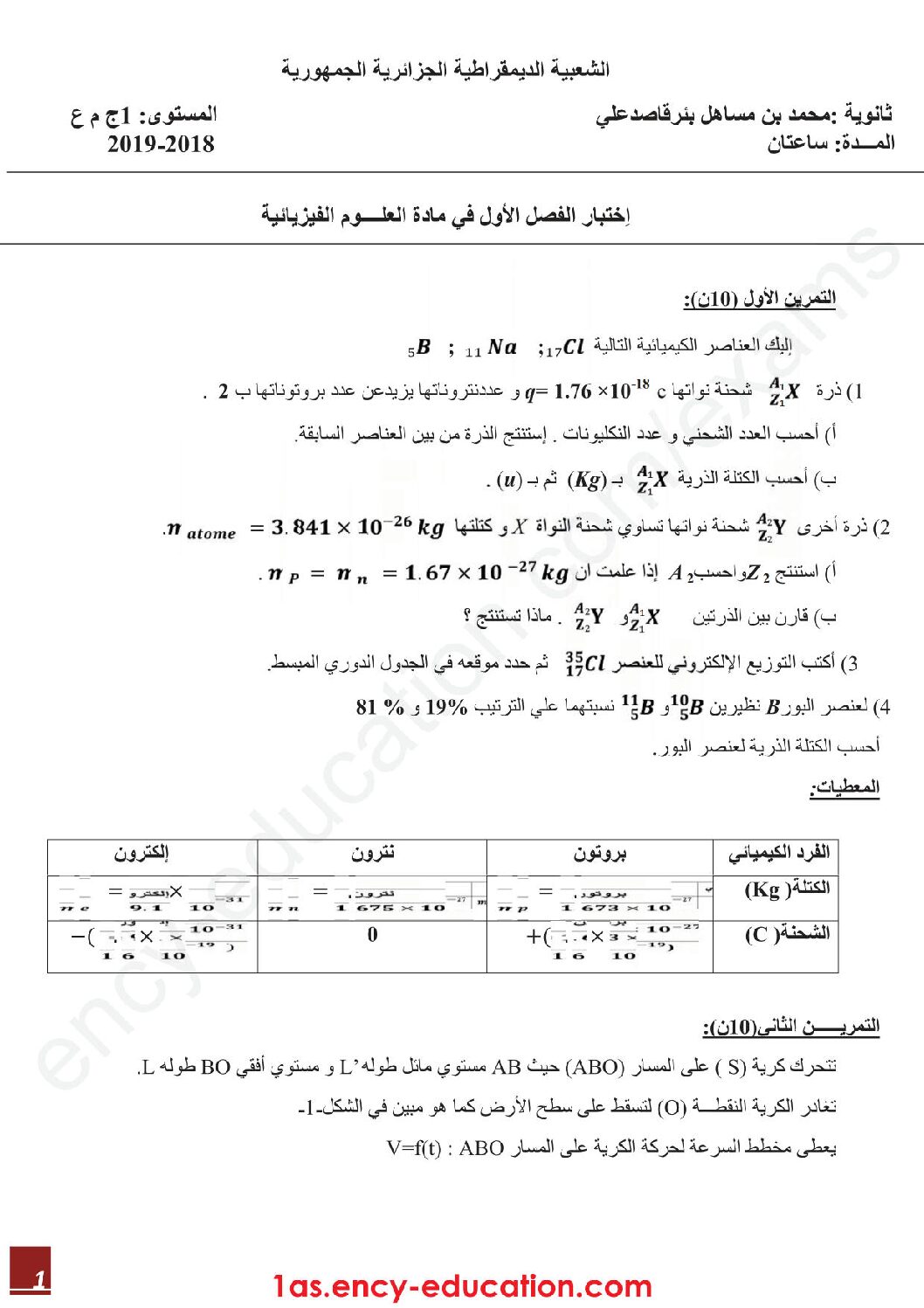 اختبار في العلوم الفيزيائية الفصل الأول السنة الأولى ثانوي رقم 24