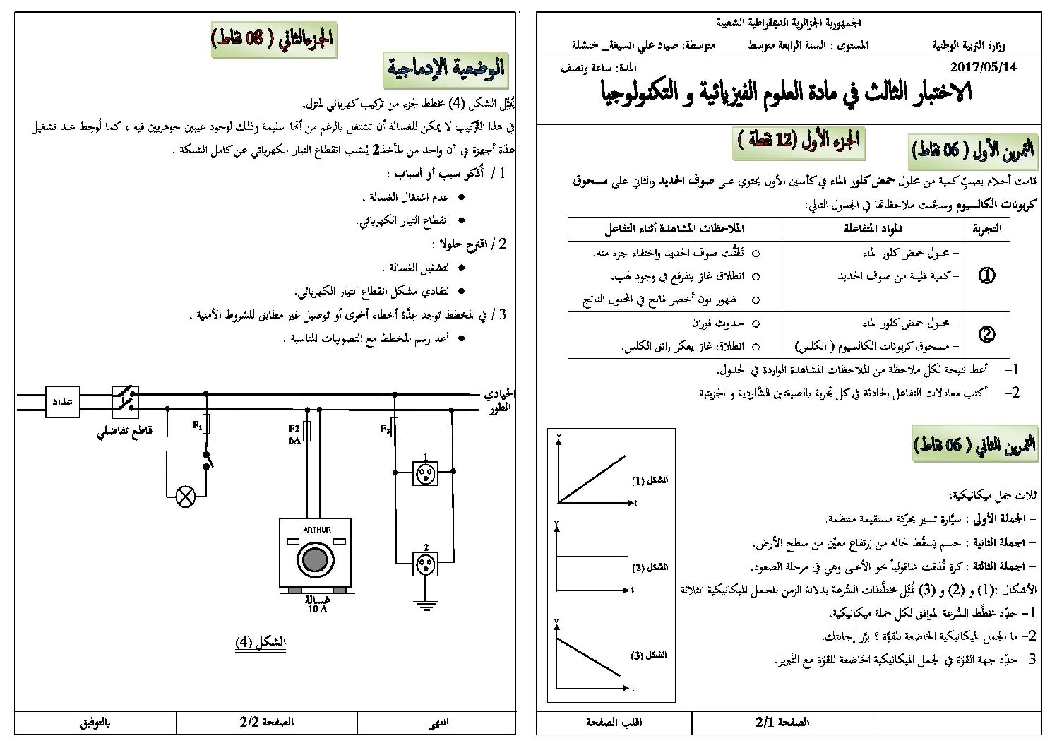 اختبار في العلوم الفيزيائية الفصل الثالث السنة الرابعة متوسط رقم 24 مع التصحيح
