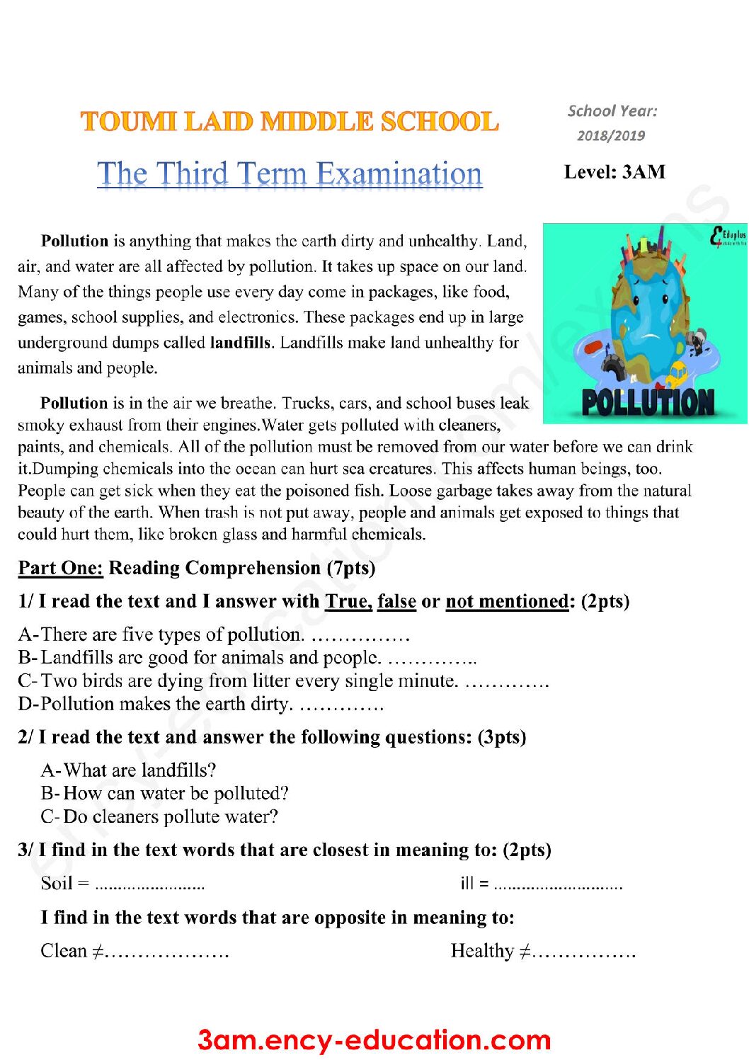 اختبار في اللغة الإنجليزية الفصل الثالث السنة الثالثة متوسط رقم 24