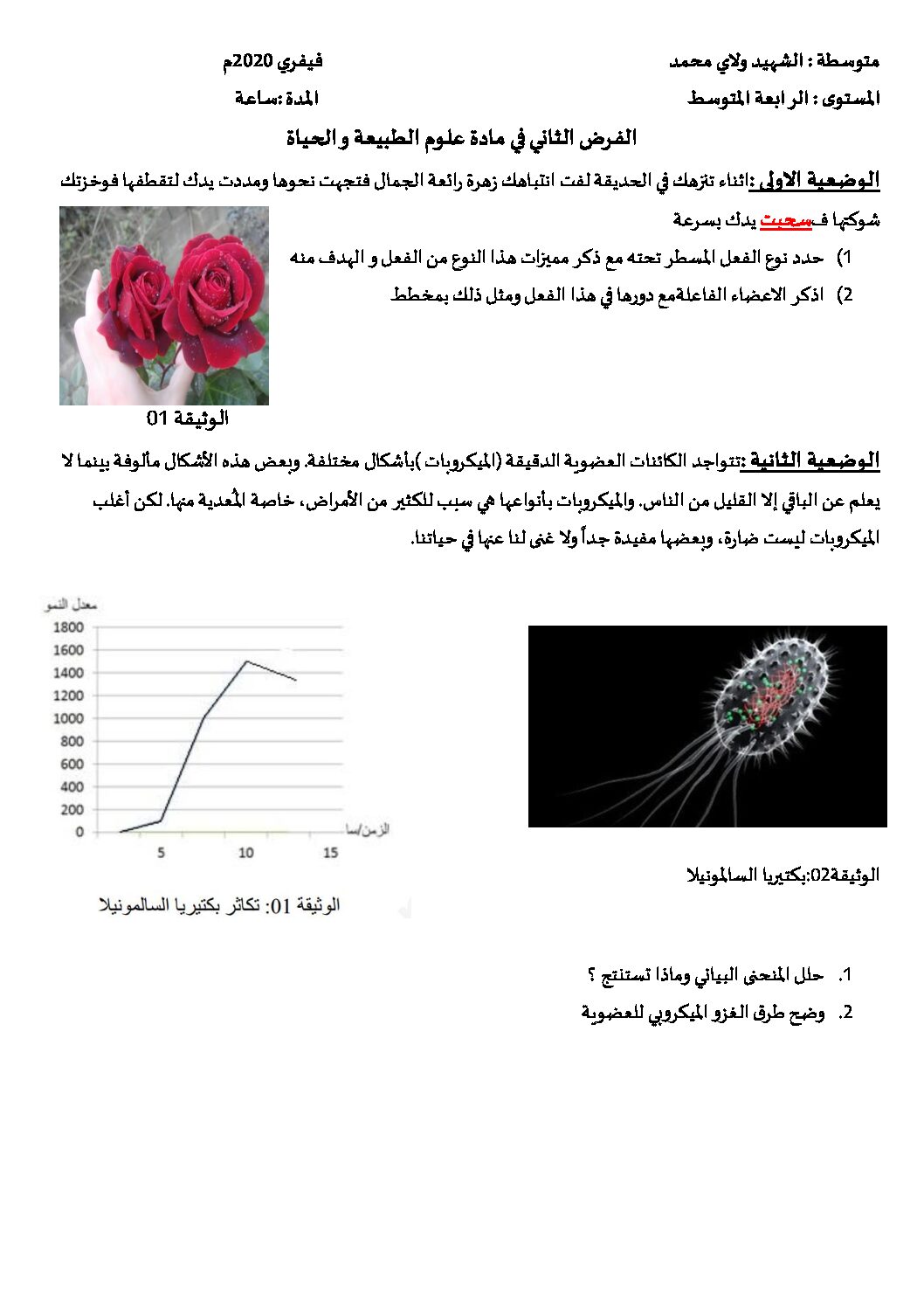 فرض في العلوم الطبيعية الفصل الثاني السنة الرابعة متوسط رقم 24