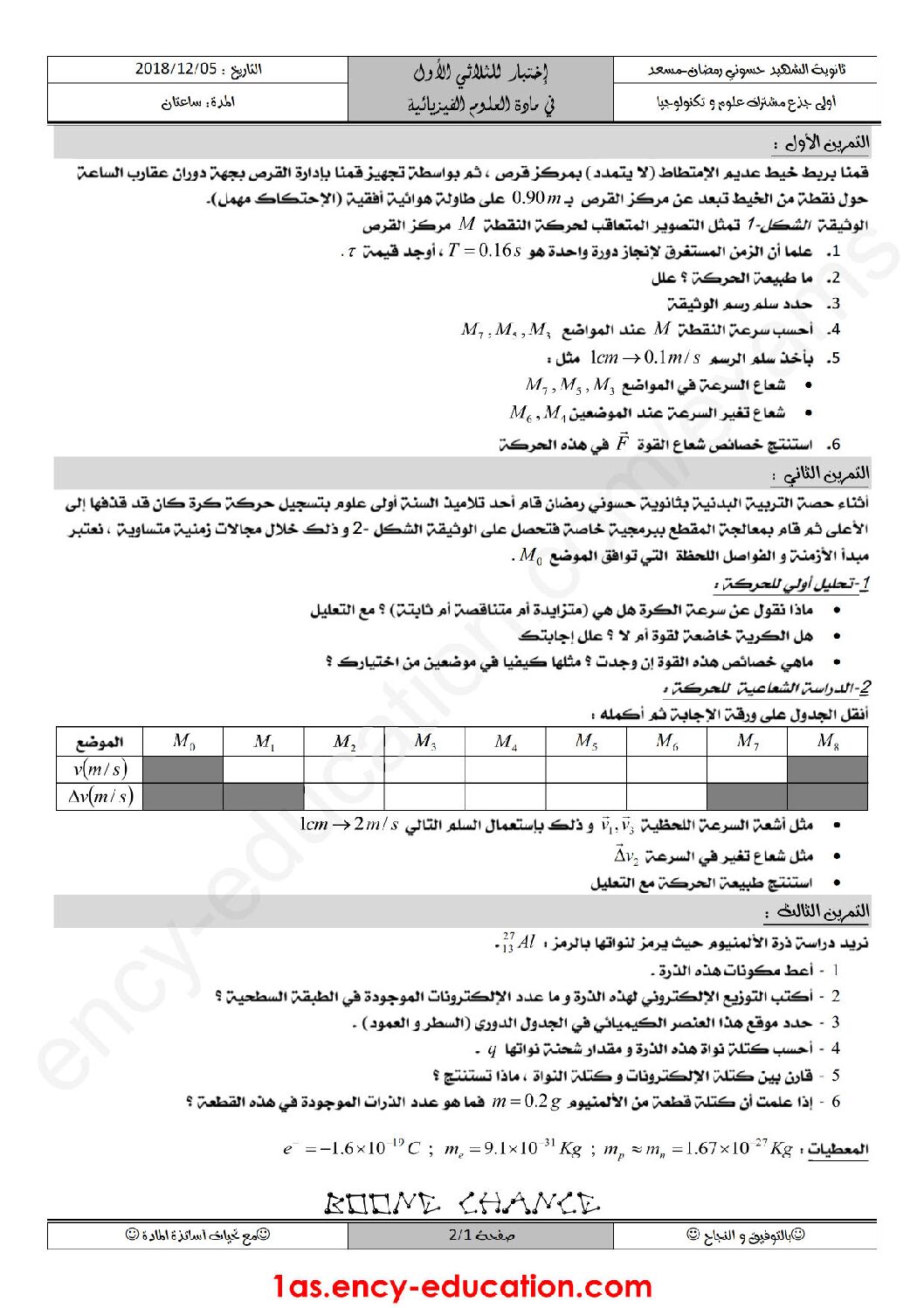 اختبار في العلوم الفيزيائية الفصل الأول السنة الأولى ثانوي رقم 25