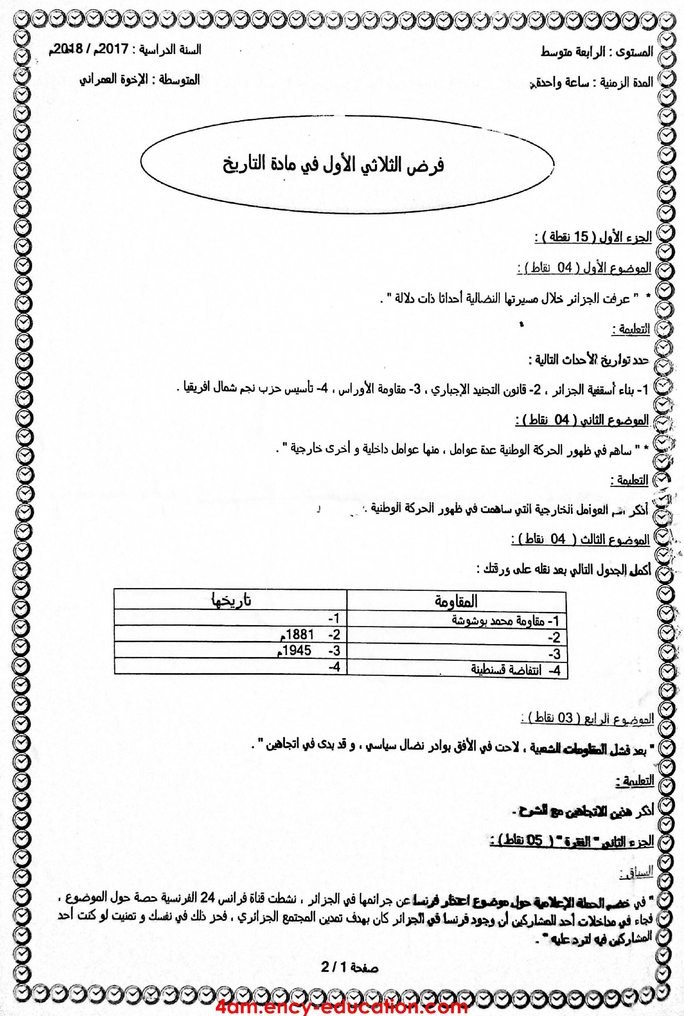 فرض في التاريخ والجغرافيا الفصل الأول السنة الرابعة متوسط رقم 25