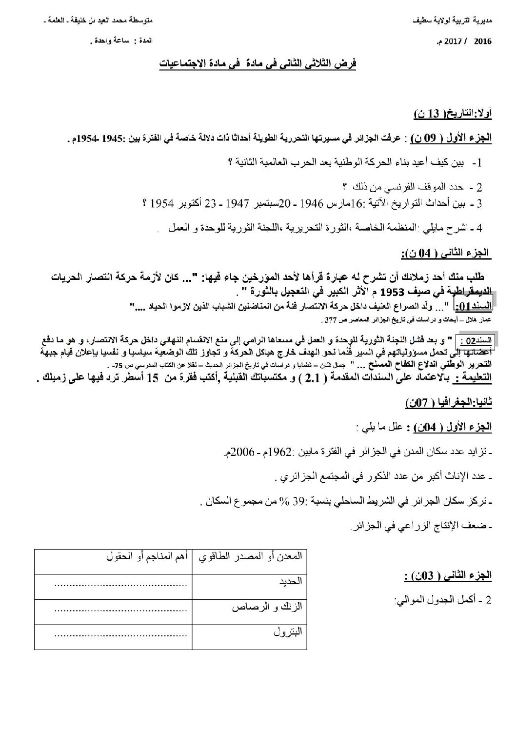 فرض في التاريخ والجغرافيا الفصل الثاني السنة الرابعة متوسط رقم 25