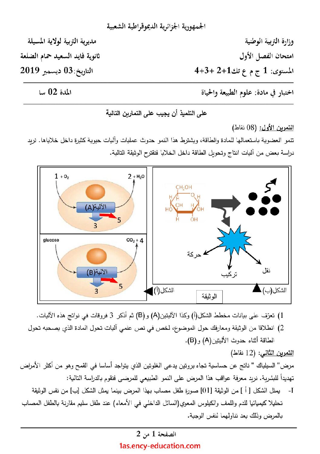 اختبار في العلوم الطبيعية الفصل الأول السنة الأولى ثانوي رقم 26 مع التصحيح