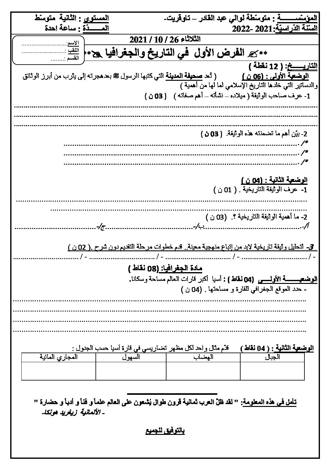 فرض في التاريخ والجغرافيا الفصل الأول السنة الثانية متوسط رقم 26