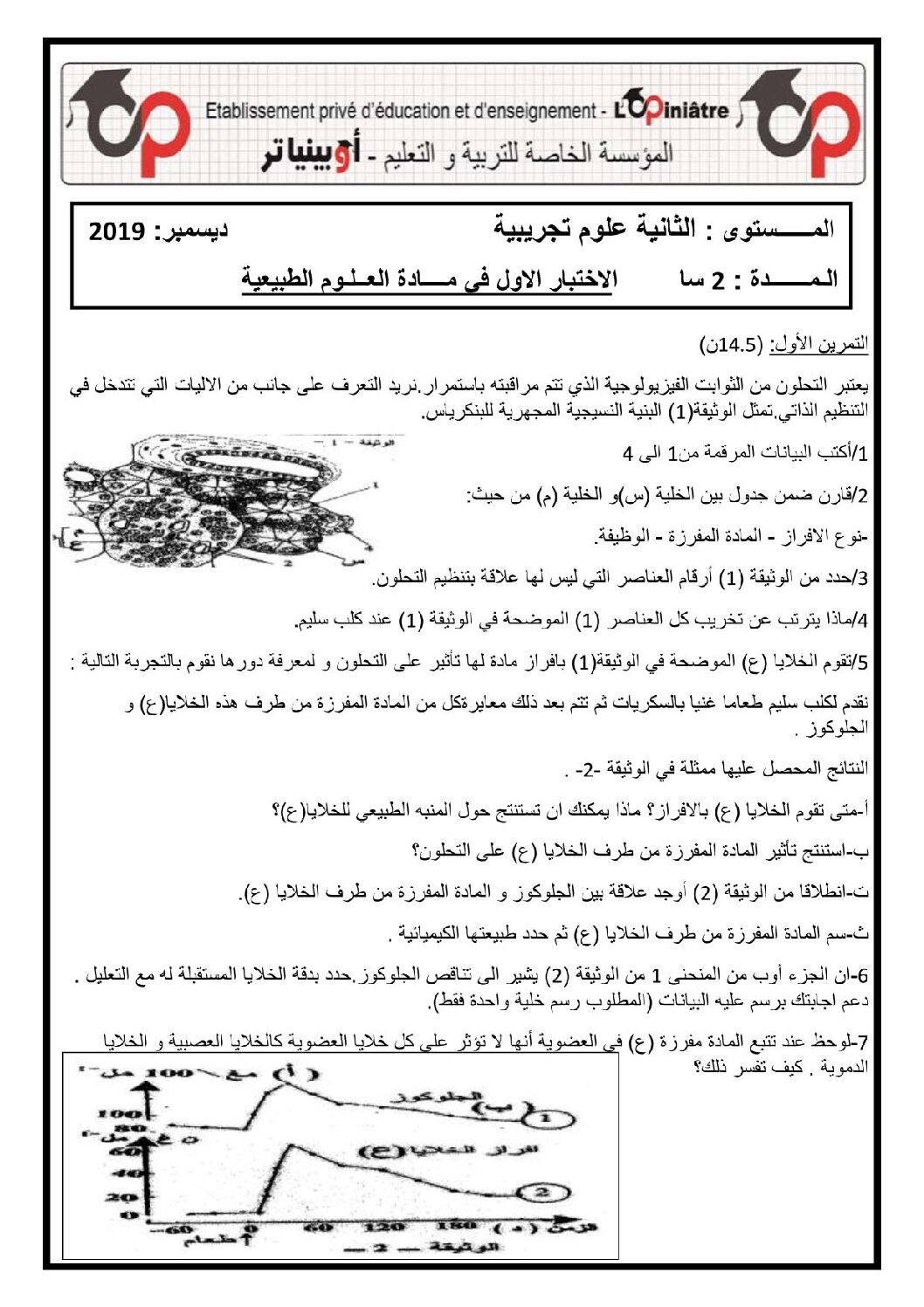 اختبار في العلوم الطبيعية الفصل الأول السنة الثانية ثانوي علوم تجريبية رقم 27 مع التصحيح