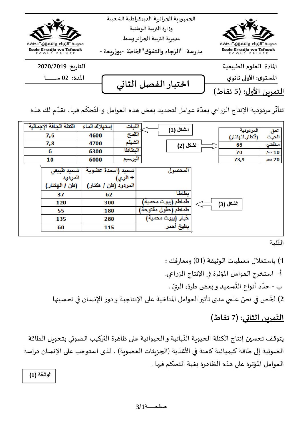 اختبار في العلوم الطبيعية الفصل الثاني السنة الأولى ثانوي رقم 27 مع التصحيح