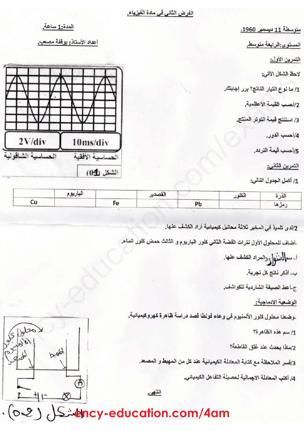 فرض في العلوم الفيزيائية الفصل الثاني السنة الرابعة متوسط رقم 27