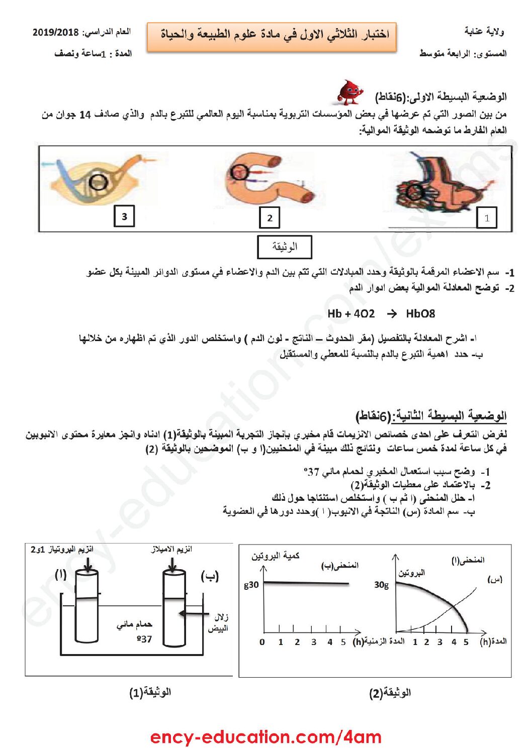 اختبار  في العلوم الطبيعية الفصل الأول السنة الرابعة متوسط رقم 28 مع التصحيح
