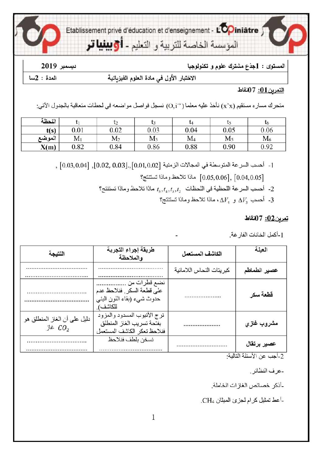 اختبار في العلوم الفيزيائية الفصل الأول السنة الأولى ثانوي رقم 28 مع التصحيح