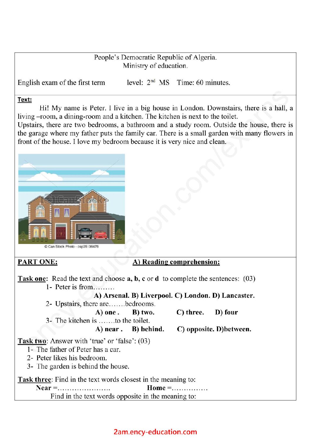اختبار في اللغة الإنجليزية الفصل الأول السنة الثانية متوسط رقم 28